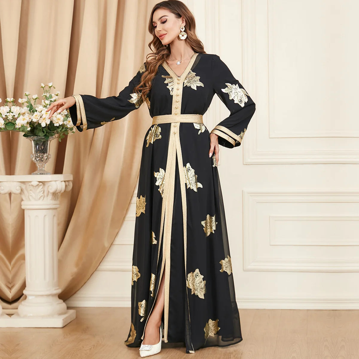 Dinner Dress Black And Gold Muslimah Black Muslim Evening Dresses A-line 3/4 Sleeves Appliques Dinner Dress Black And Gold Muslimah Black Muslim Evening Dresses A-line 3/4 Sleeves Appliques