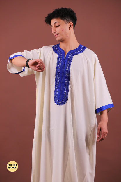 White & Blue Moroccan Thobe for Men - Traditional & Elegant Djellaba