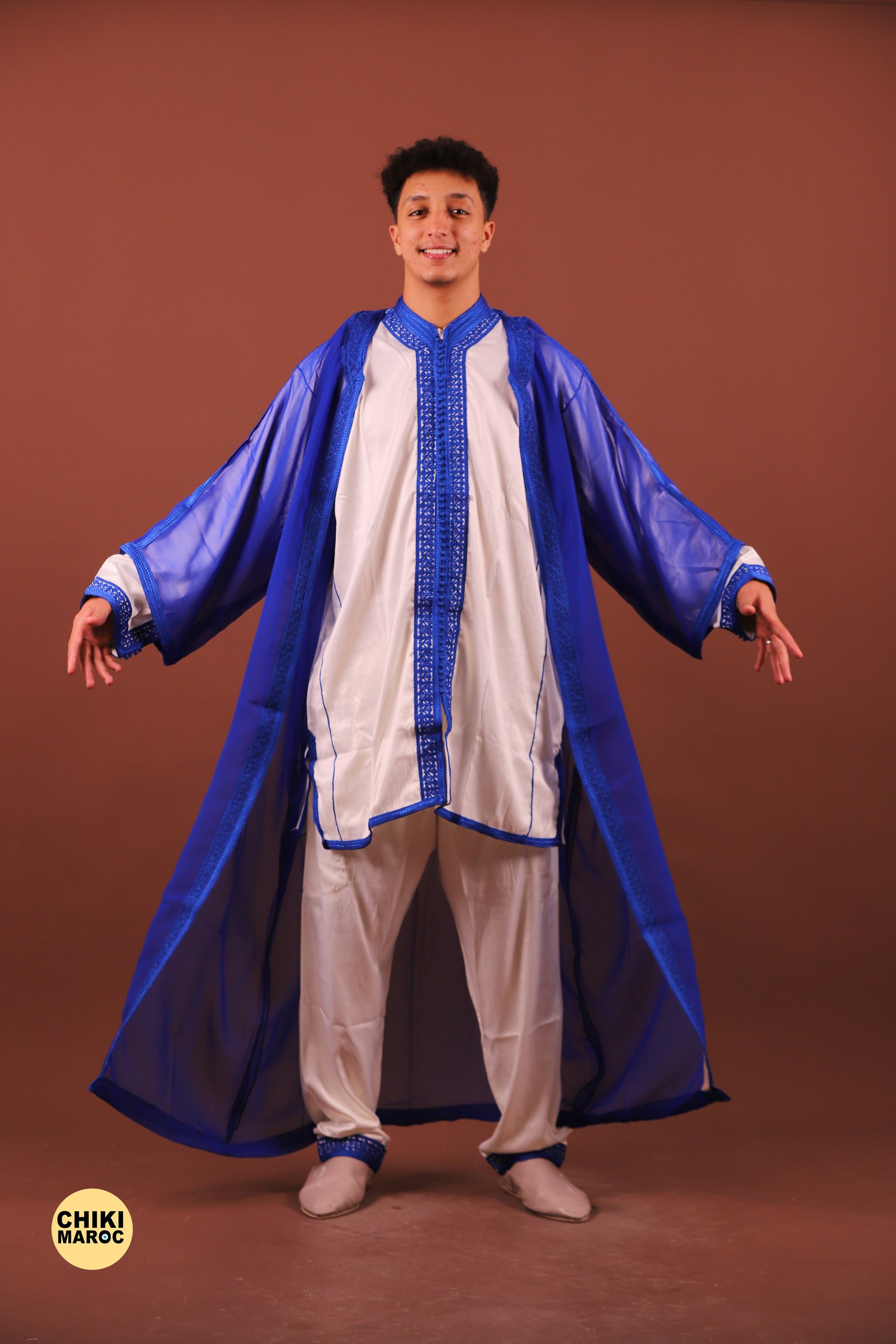 blue moroccan dress Royal Blue Moroccan Stitched Kaftan with Golden Embroidery & Sheer Cape Sleeves Evening & Wedding Dress